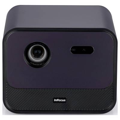 Ein schwarzer InFocus-Projektor mit einem Objektiv auf der linken Seite und einem Sensor oder Knopf auf der rechten Seite, konzipiert für Präsentationen oder Medienvorführungen.