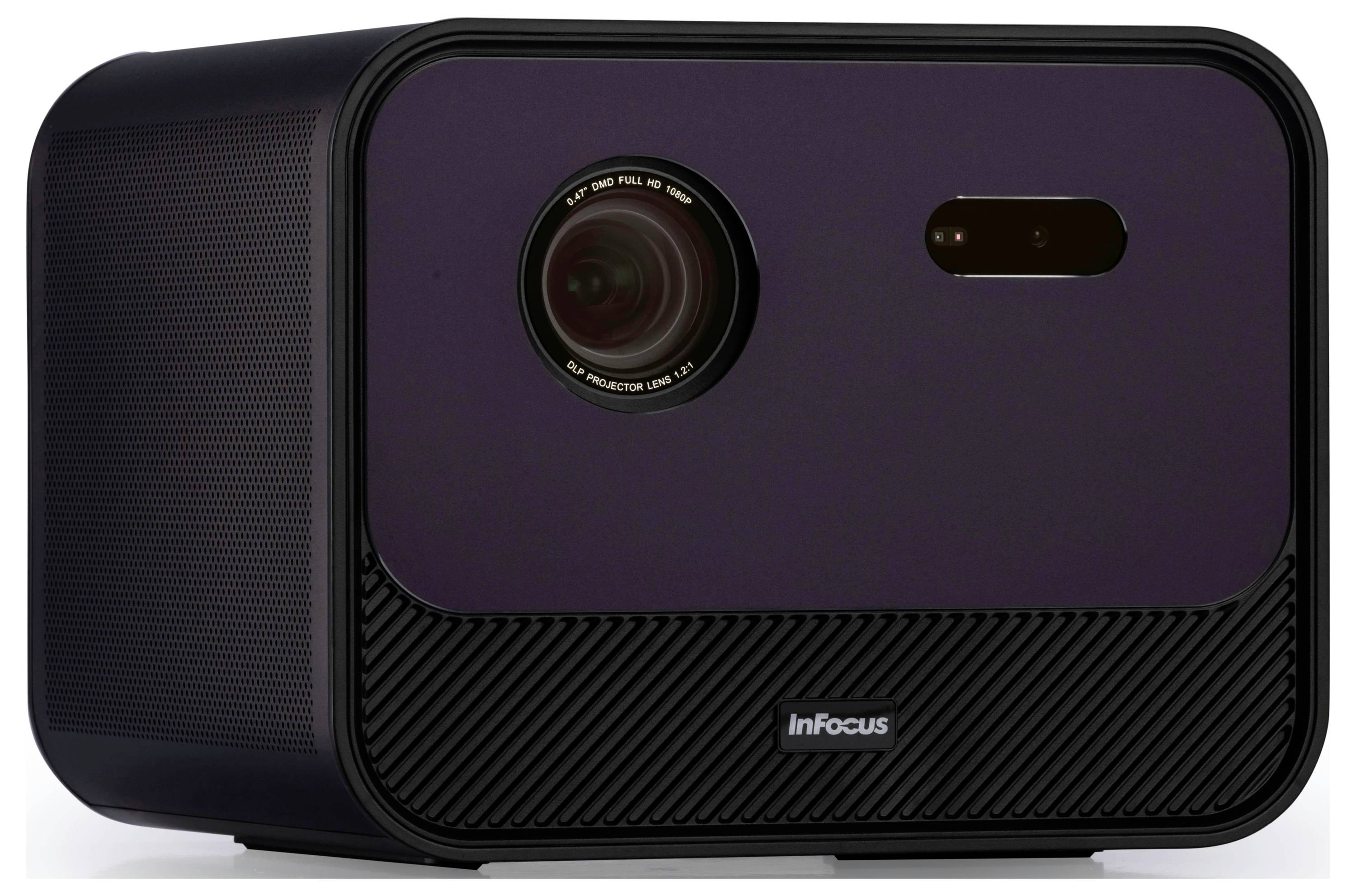 Ein schwarzer InFocus-Projektor mit einer großen Linse und Bedienfeld an der Seite, geeignet für Präsentationen oder Heimkinobetrieb.