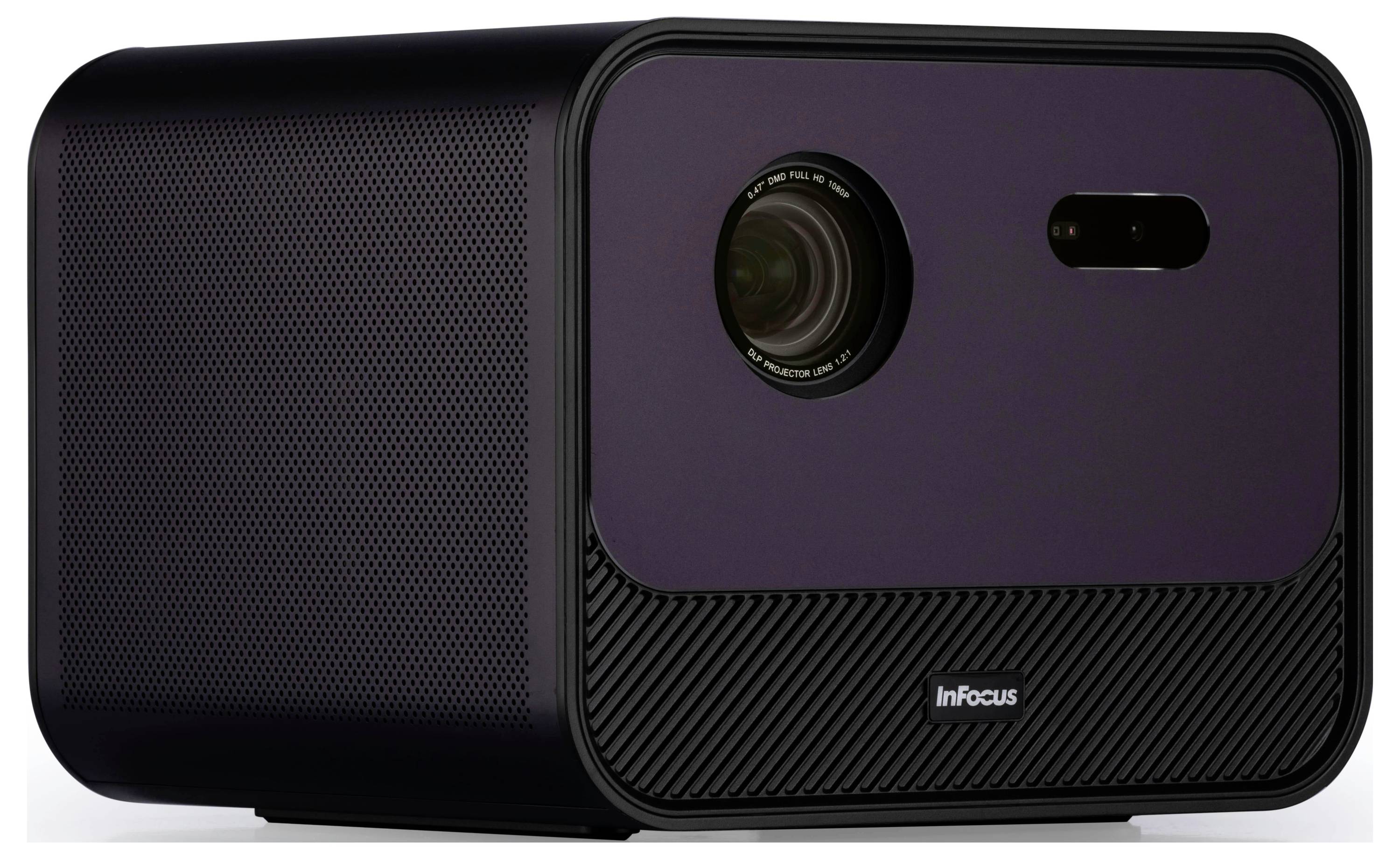 Ein schlanker schwarzer Projektor mit der Marke 'InFocus' auf der Vorderseite, ausgestattet mit einer markanten Linse zum Anzeigen von Bildern oder Videos.