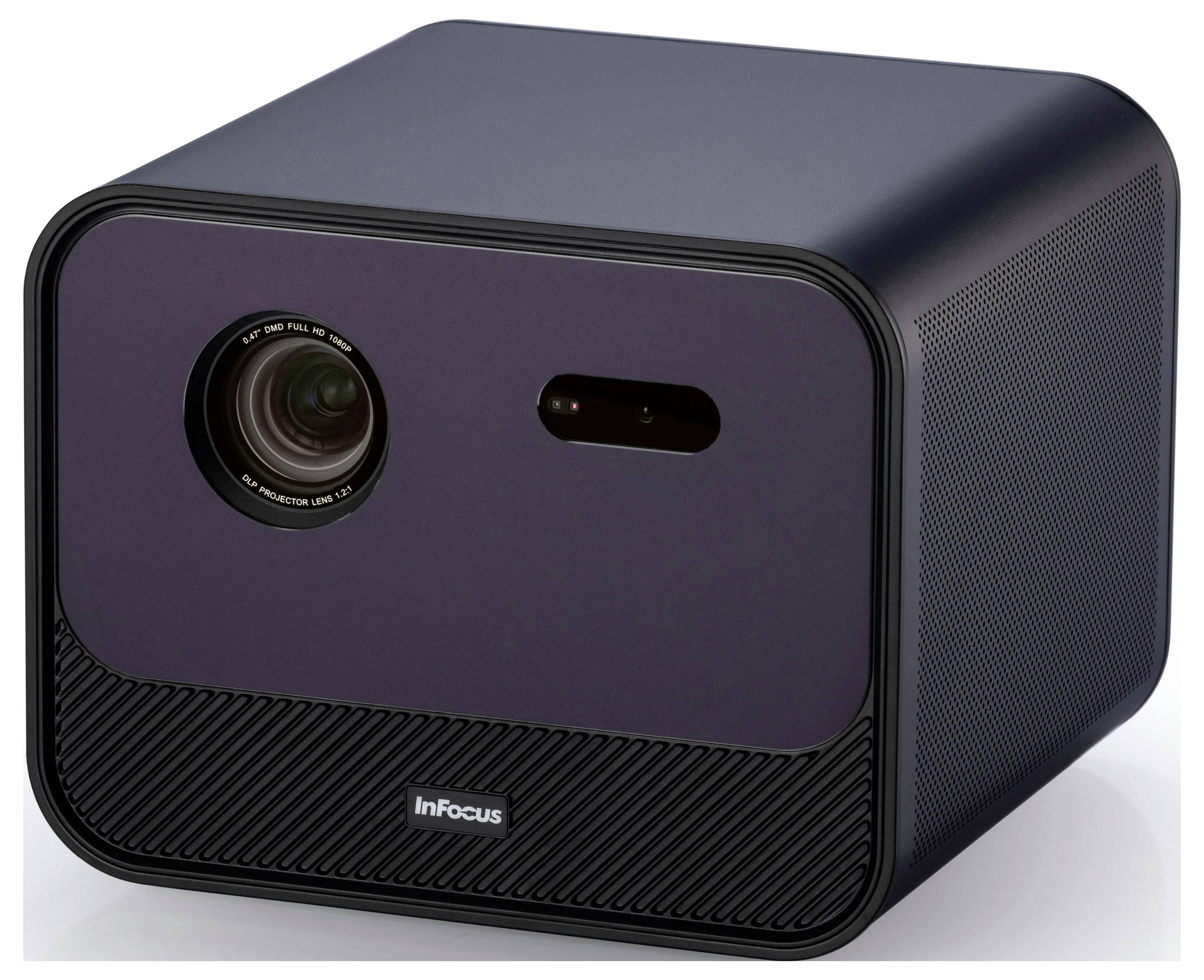 Ein kompakter schwarzer Projektor mit sichtbarer Linse, der an der Vorderseite mit 'InFocus' markiert ist und für Medien-Präsentationen zu Hause oder im Büro konzipiert wurde.