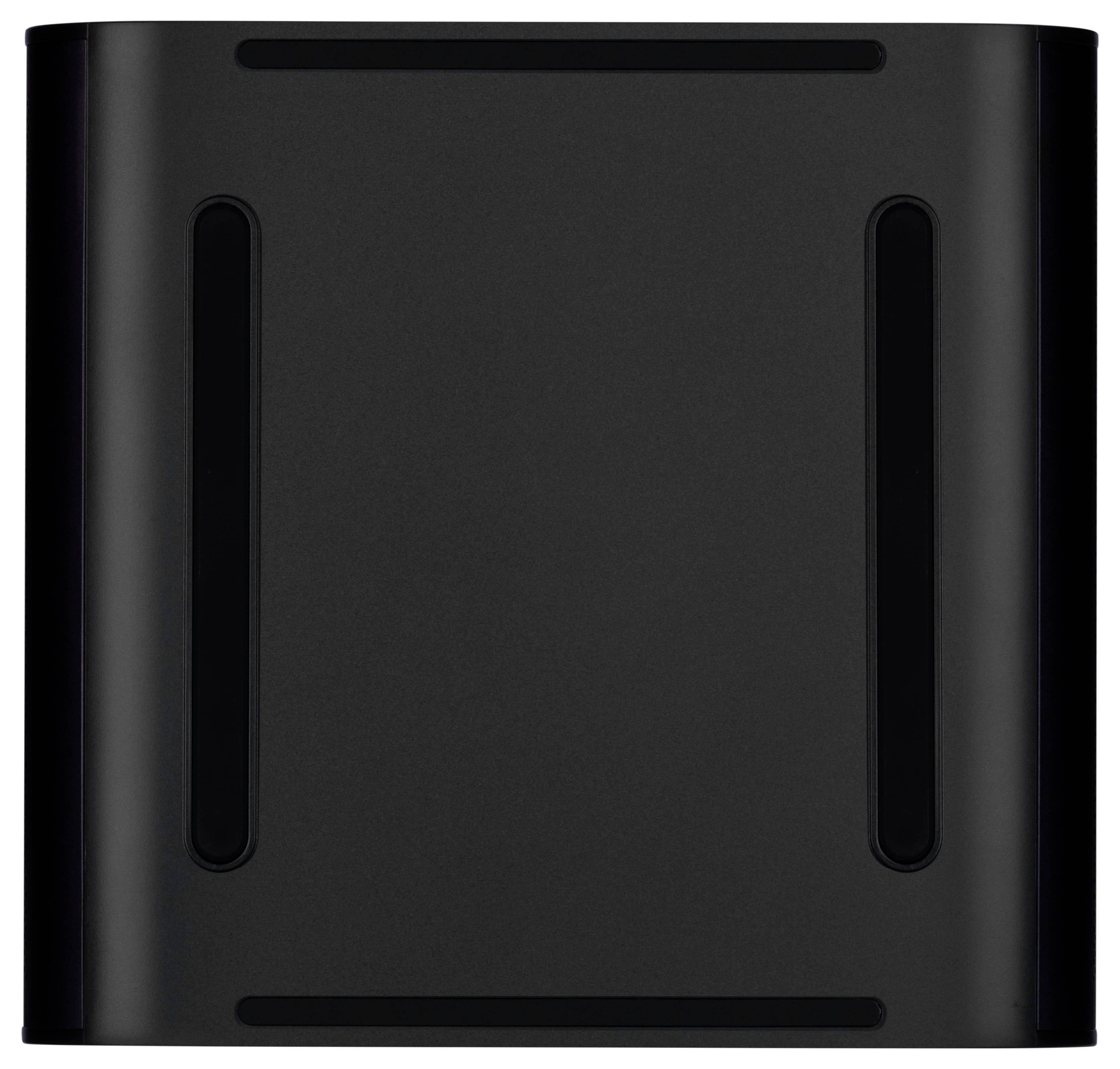 Ein schwarzes rechteckiges Objekt mit abgerundeten Kanten und vier vertikalen Schlitzen, möglicherweise ein Teil eines technologischen Geräts oder einer Gehäusekomponente.