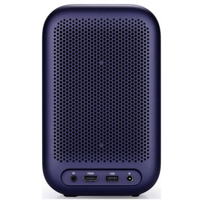 Ein blaues elektronisches Gerät mit einer gelochten Frontplatte und zwei Anschlüssen, die unten mit "HDMI" und "USB" beschriftet sind.