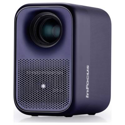 Tragbarer schwarzer Tischprojector mit einer markanten Linse und einer belüfteten Frontblende, auf der der Markenname 'InFocus' angebracht ist.
