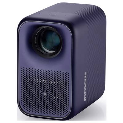 Ein kompaktes, modernes Projektionsgerät mit einer Linse auf der vorderen Oberseite und einem Lautsprechergitter darunter, mit der Markenbezeichnung "InFocus".