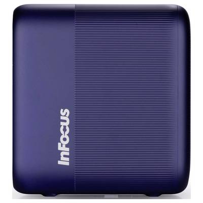 Eine schlanke, dunkelblau lackierte tragbare Projektortasche mit dem 'InFocus' Logo in Weiß.