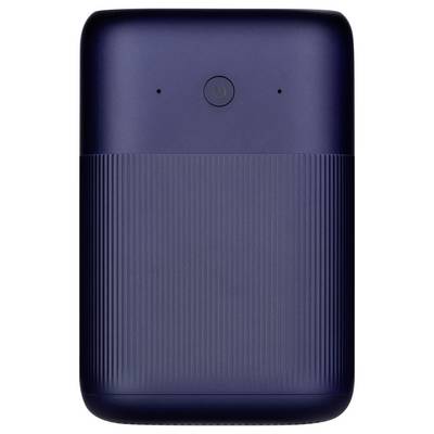 Eine blaue externe Festplatte mit einer strukturierten Oberfläche und einem zentralen Powerknopf auf der Oberseite.