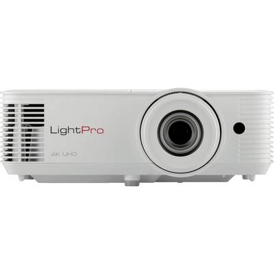 Frontansicht eines weißen Projektors mit dem Markennamen 'LightPro 4K UHD' an der Seite, mit einer großen zentralen Linse.