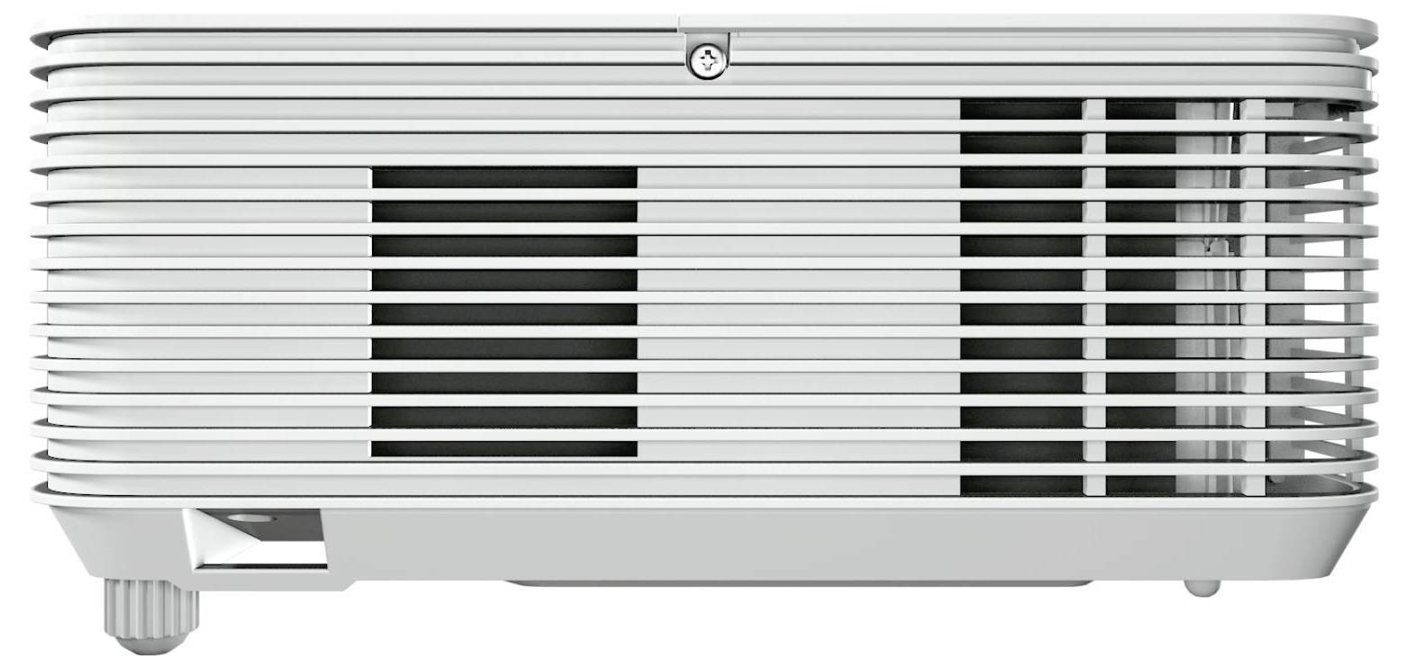 Seitenansicht eines grauen elektronischen Geräts, möglicherweise ein Projektor, mit horizontalen Lüftungsschlitzen und einem kleinen verstellbaren Fuß.