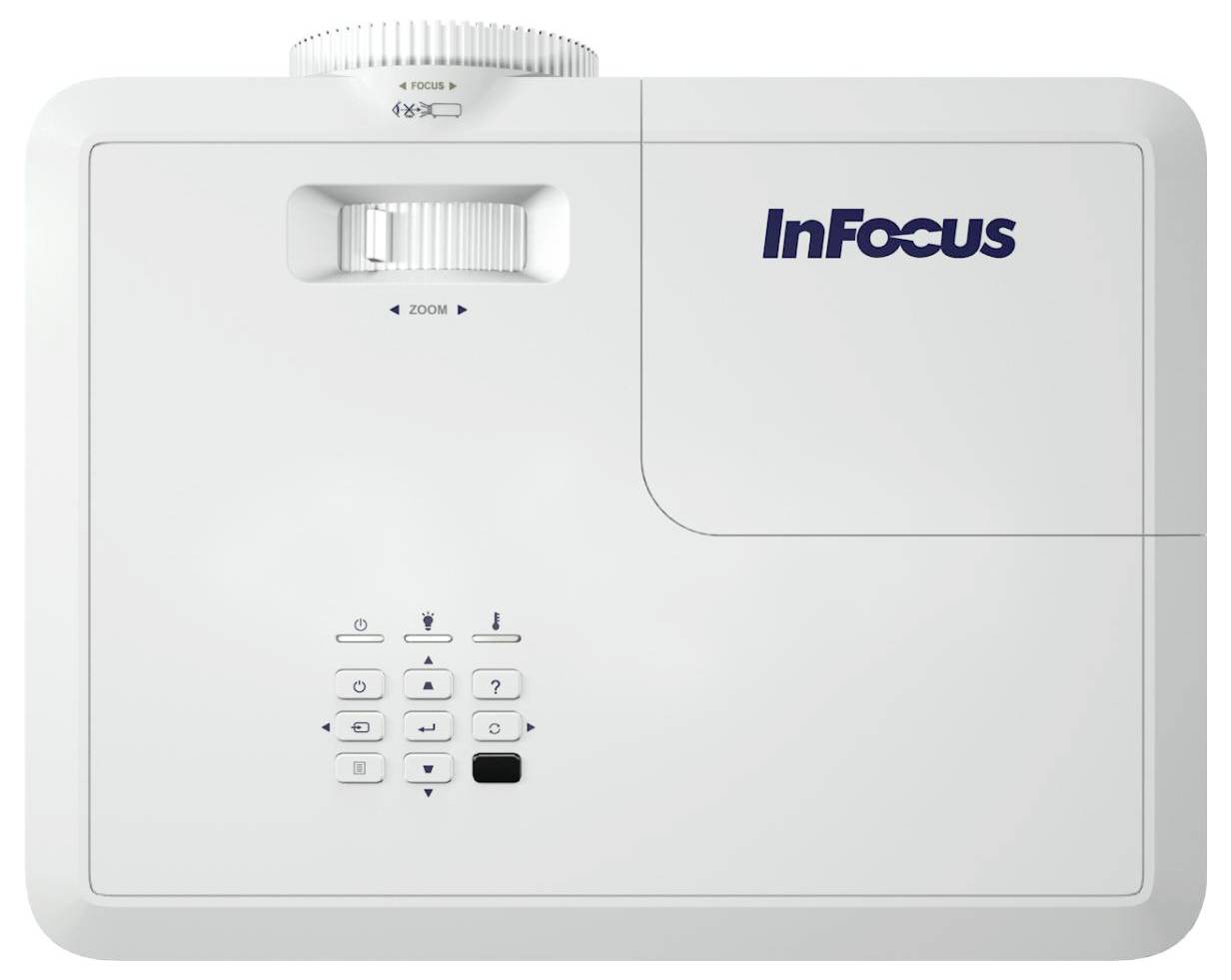 Aufsicht eines 'InFocus' Projektors mit Zoom- und Fokusrädern, Lüftungsschlitzen und Eingabetasten zur Steuerung von Funktionen.