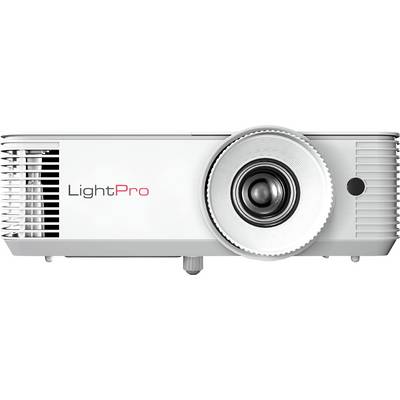 Frontansicht eines weißen Projektors mit der Bezeichnung "LightPro", der die Linse und die belüftete Seite links zeigt, konzipiert für Präsentationen oder Medienprojekte.