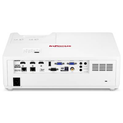 Rückansicht eines InFocus-Projektors mit verschiedenen Eingangsbuchsen, darunter HDMI, USB und VGA. Text zeigt '4K' und 'HDR' und deutet auf entsprechende Funktionen hin.
