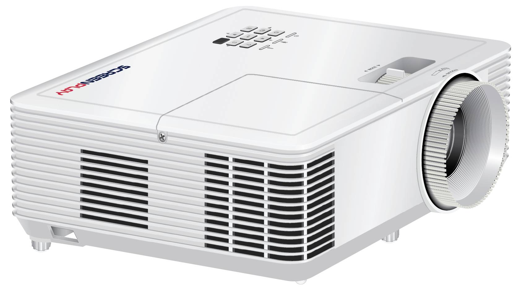 Ein weißer Projektor mit einer Linse auf der rechten Seite, Lüftungsschlitzen an der Seite und Bedienungstasten oben für Medienpräsentationen.