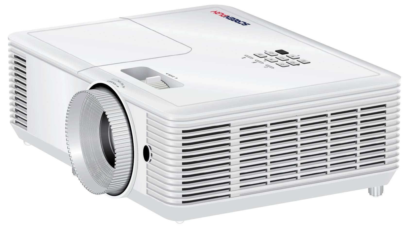 Ein weißer Projektor mit einer Fokussierblende und Steuerungstasten oben, entwickelt für Präsentationen und Medienvorführungen.