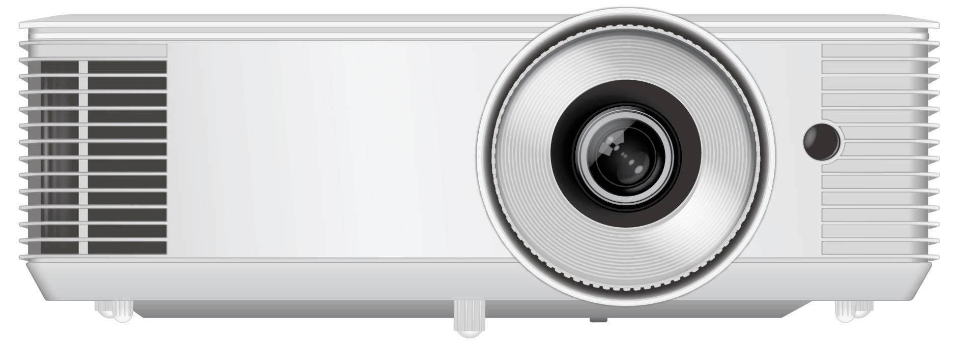 Frontansicht eines digitalen Projektors mit einer großen Linse in der Mitte und Lüftungsschlitzen auf der linken Seite.