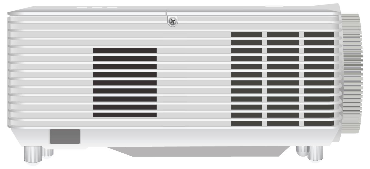 Ein silberner Projektor mit sichtbaren Lüftungsschlitzen und einer Linse auf der rechten Seite, auf vier kleinen Füßen ruhend, von der Seite betrachtet.