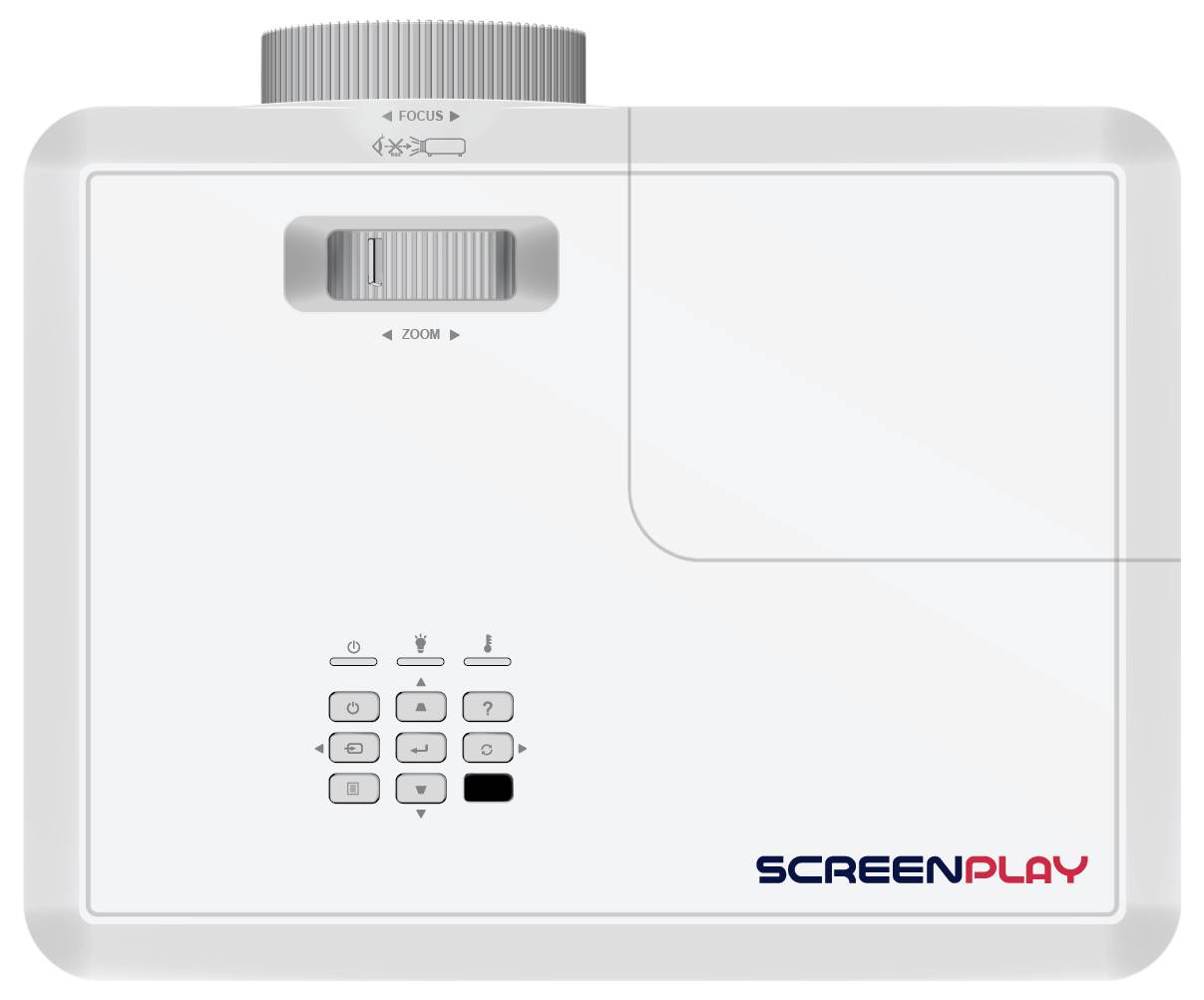 Draufsicht eines weißen Projektors mit der Aufschrift "SCREENPLAY" mit Fokus- und Zoomeinstellungsrädern sowie einem Bedienfeld mit Tasten.