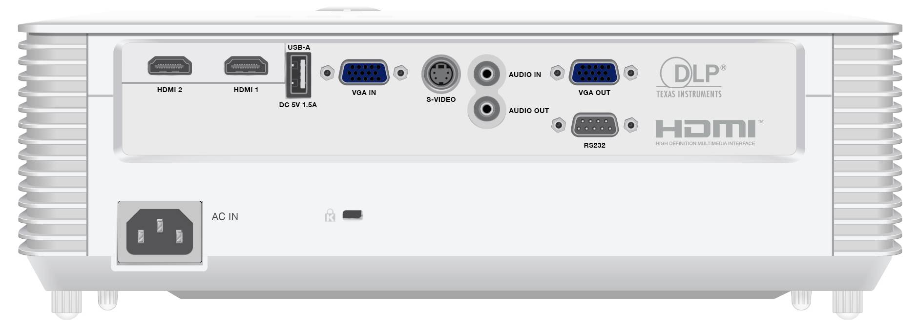 Projektor-Rückansicht mit Anschlüssen: 2 HDMI, USB-A, PC VGA Ein-/Ausgang, Audio Ein-/Ausgang, RS232, USB Mini-B, Trigger, Video und Stromeingang.