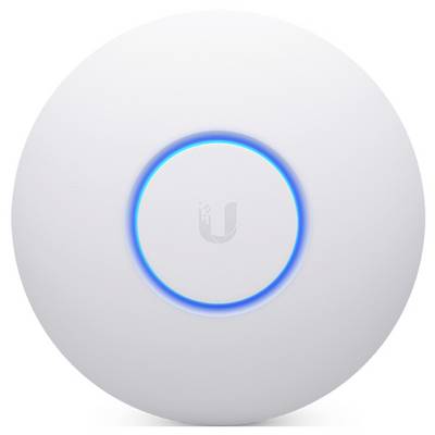 Ein weißer, kreisförmiger WLAN-Zugangspunkt mit einem leuchtenden blauen Ring und einem zentralen Logo.