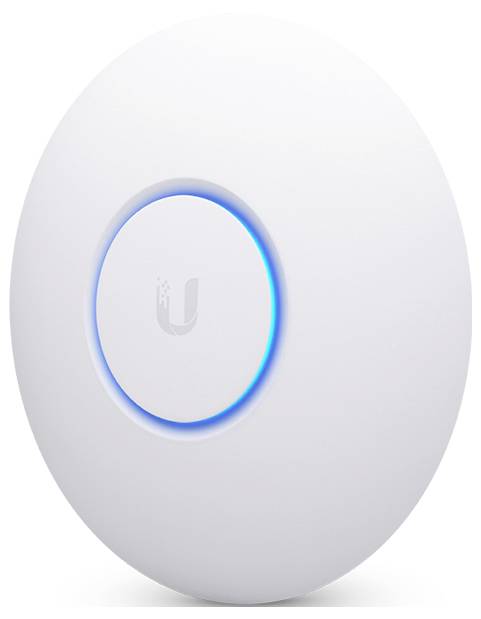 Ein runder, weißer drahtloser Access Point mit einem blauen LED-Ring auf einer flachen Oberfläche, der in der Mitte ein 'U'-Logo zeigt.