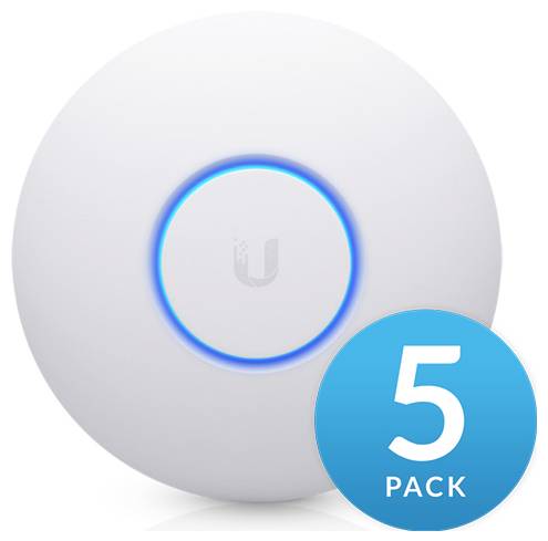 Drahtloser Zugangspunkt-Gerät mit einem leuchtenden blauen LED-Ring, vermarktet als '5er-Pack'.
