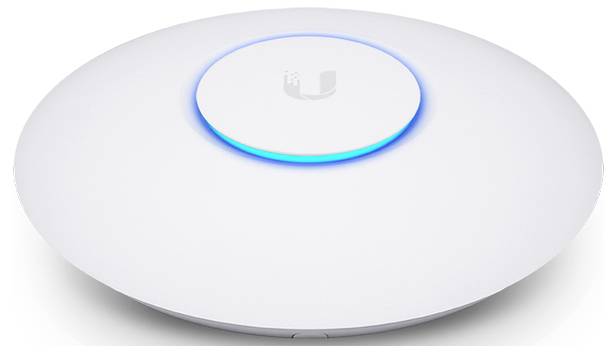 Ein schlanker, weißer Wireless Access Point mit kreisförmigem Design, ausgestattet mit einem leuchtenden blauen LED-Ring und einem dezenten Logo in der Mitte.