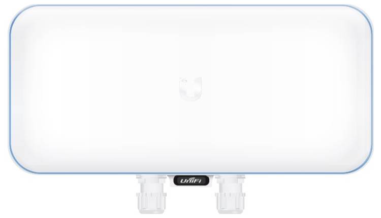 Rechteckige weiße WLAN-Zugangspunkt-Vorrichtung mit zwei sichtbaren Anschlussports am unteren Ende und einem blauen Umriss.