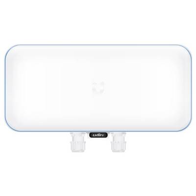 Rechteckige weiße WLAN-Zugangspunkt-Vorrichtung mit zwei sichtbaren Anschlussports am unteren Ende und einem blauen Umriss.