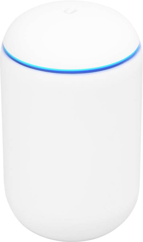 Ein weißes zylindrisches Gerät mit einem leuchtend blauen Ring nahe der Oberseite, höchstwahrscheinlich ein elektronisches Gadget oder ein Smart-Home-Zubehör.