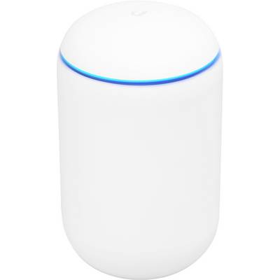 Ein weißes zylindrisches Gerät mit einem leuchtend blauen Ring nahe der Oberseite, höchstwahrscheinlich ein elektronisches Gadget oder ein Smart-Home-Zubehör.