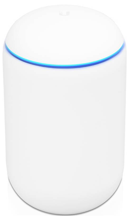 Ein weißer, zylindrischer WLAN-Router mit einem leuchtenden blauen LED-Ring nahe der Oberseite.