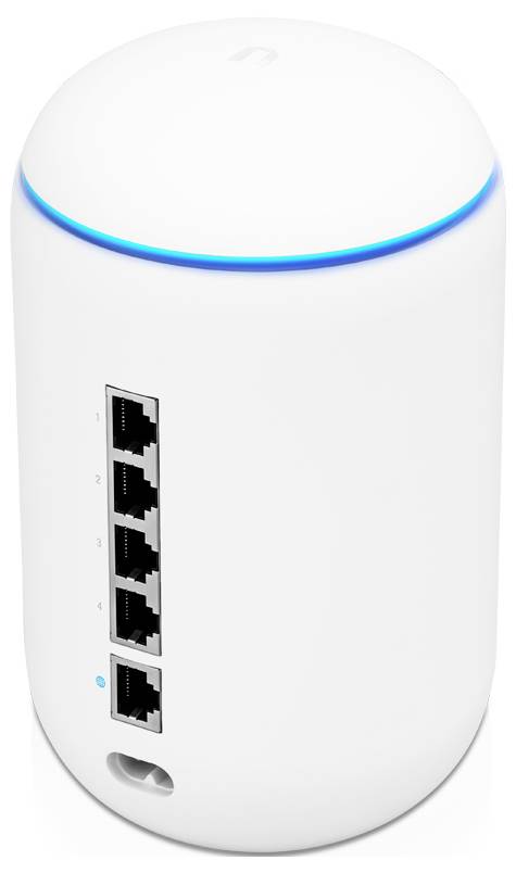 Ein weißer, zylindrischer Netzwerk-Switch mit blauem LED-Ring, ausgestattet mit fünf Ethernet-Ports an der Seite, konzipiert für den Einsatz in Heimnetzwerken oder Büros.
