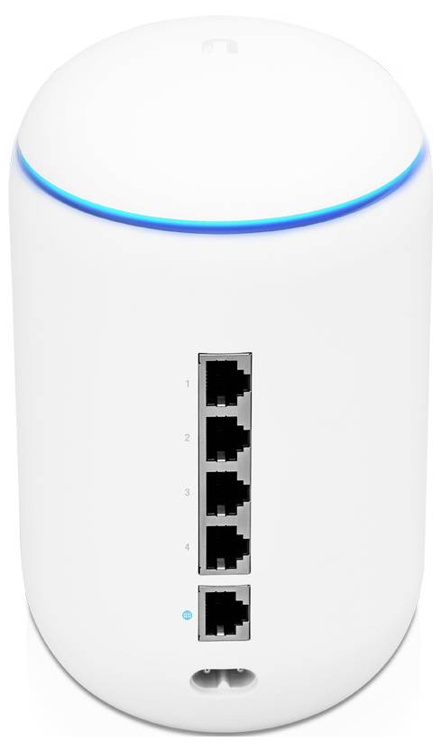 Ein weißer, zylindrischer WLAN-Router mit fünf Ethernet-Ports und einer blauen LED-Leuchte in der Nähe der Oberseite, die den Betriebsstatus anzeigt.