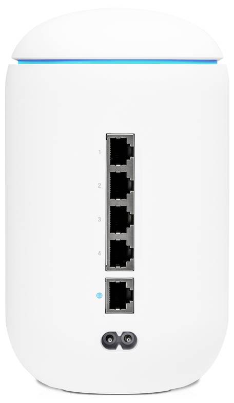 Ein weißer zylindrischer Router mit fünf Ethernet-Ports und einer Stromanzeigelampe.