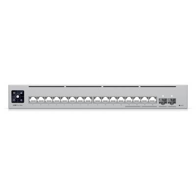 Ein Netzwerk-Switch mit mehreren Ethernet-Ports und Glasfaserverbindungen, geeignet zur Erweiterung der Konnektivität in einer Netzwerkumgebung.