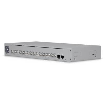 Silberner Netzwerk-Switch mit 12 Ethernet-Ports, zwei Uplink-Ports und LED-Anzeigen an der Seite, entwickelt für Datenkonnektivität.