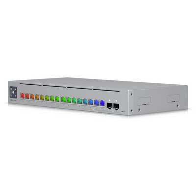 Ein Netzwerk-Switch mit mehreren farbigen Ports und zwei Ethernet-Ports, der zum Verbinden von Geräten in einem lokalen Netzwerk (LAN) verwendet wird.
