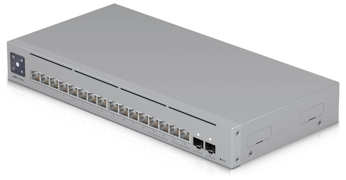 Ein Netzwerk-Switch mit mehreren Ethernet-Anschlüssen, einem schlanken grauen Metallgehäuse und einer kleinen Poweranzeige-Leuchte auf der Frontplatte.