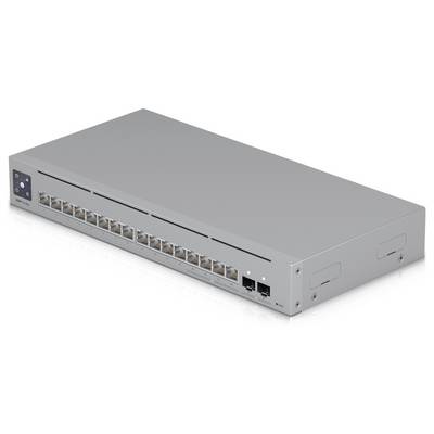 Ein Netzwerk-Switch mit mehreren Ethernet-Anschlüssen, einem schlanken grauen Metallgehäuse und einer kleinen Poweranzeige-Leuchte auf der Frontplatte.
