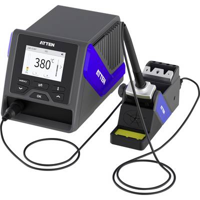Löt-Arbeitsplatz mit einem LCD-Display, das '380°C' anzeigt, einem angeschlossenen Lötkolben und einem Halter.