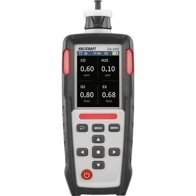 Ein tragbares Gasmessgerät zeigt Messwerte für CO, H2S, O2 und explosive Gase mit einem digitalen Display und Bedientasten an.