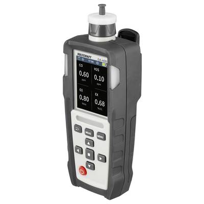 Voltcraft Gasdetektor mit Bildschirm, der CO-, H2S-, O2- und EX-Werte anzeigt.