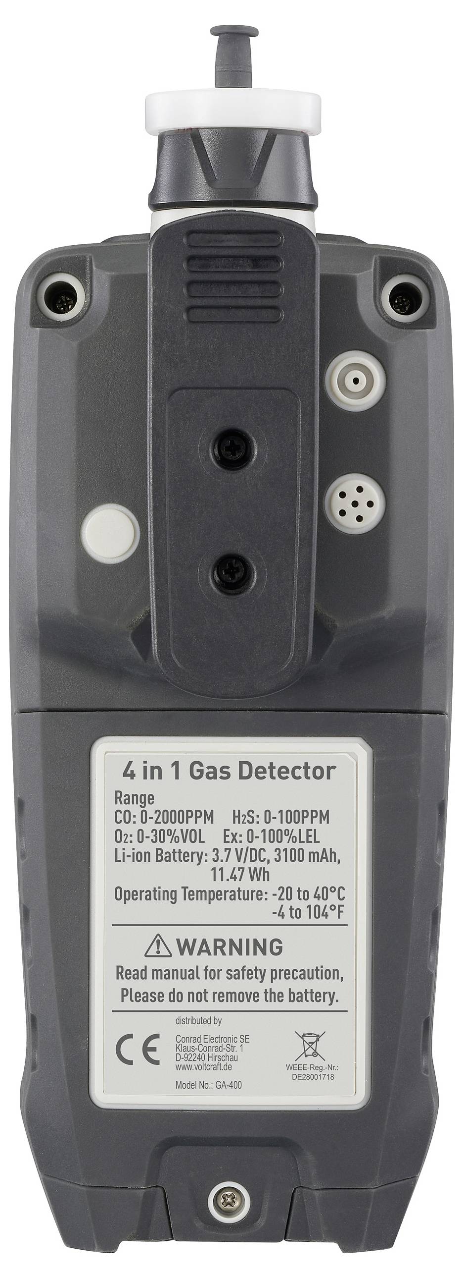 Ein "4 in 1 Gasdetektor" mit Messbereich, Batterieangaben und Sicherheitswarnungen.
