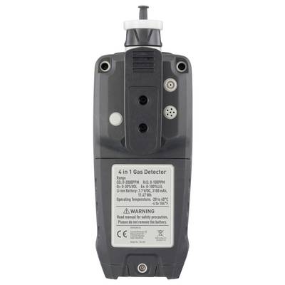 Ein "4 in 1 Gasdetektor" mit Messbereich, Batterieangaben und Sicherheitswarnungen.