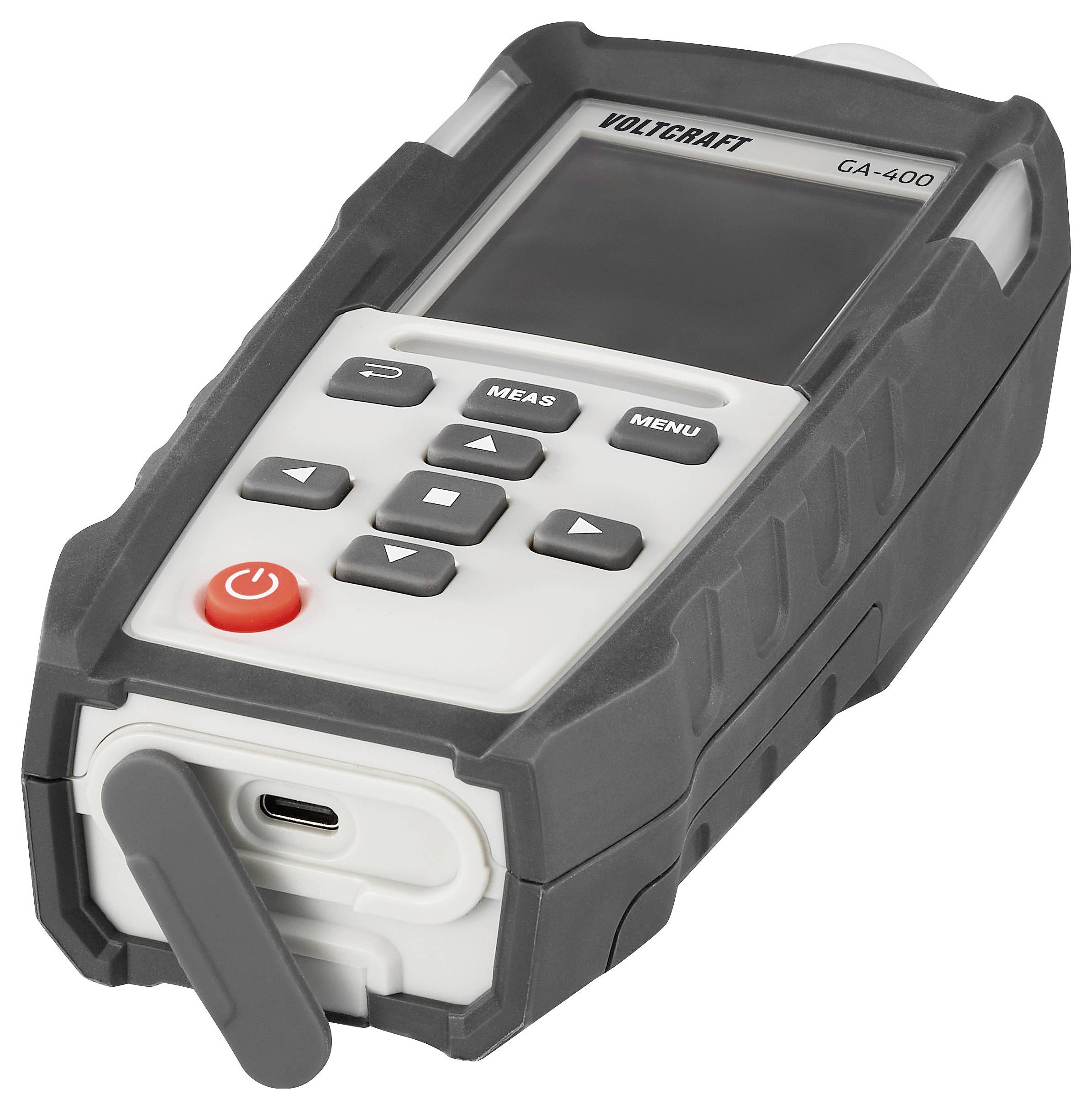 Ein tragbares digitales Messinstrument mit einem Display-Bildschirm, Tasten mit der Beschriftung „MEAS" und „MENU" sowie einem USB-C-Ladeanschluss an der Unterseite.