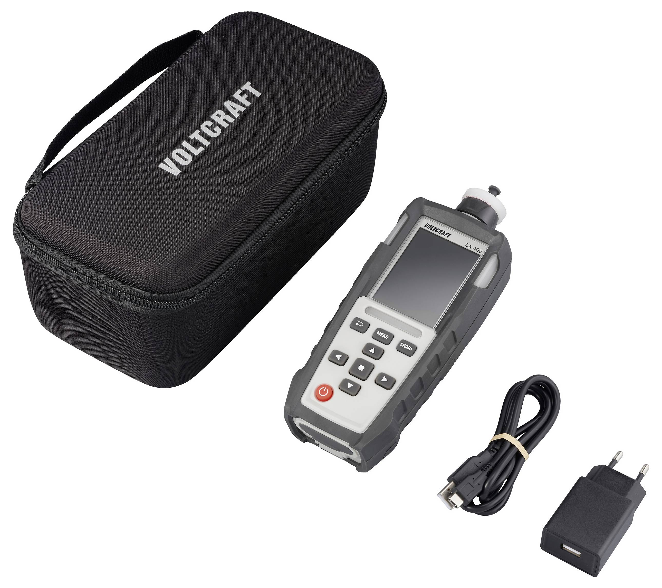 „VOLTCRAFT" Markentragetasche in Schwarz, elektronisches Gerät mit Bildschirm und Tasten, USB-Kabel und Ladegerät auf weißem Hintergrund angeordnet.
