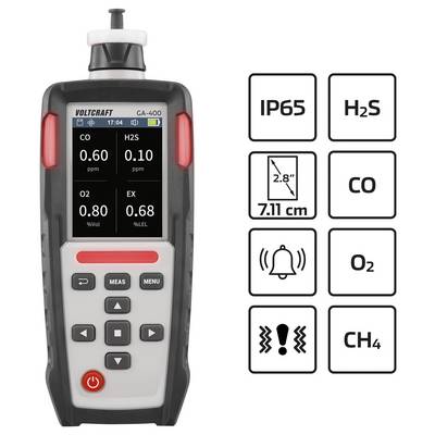 Gasdetektor-Gerät mit Display, das Gaswerte anzeigt: CO bei 0,60 ppm, H2S bei 0,60 ppm, O2 bei 20,8%, EX bei 0,68%. Kennzeichnungen für IP65, H2S, CO, O2, CH4, 7,1 cm Display, Alarmsymbole.