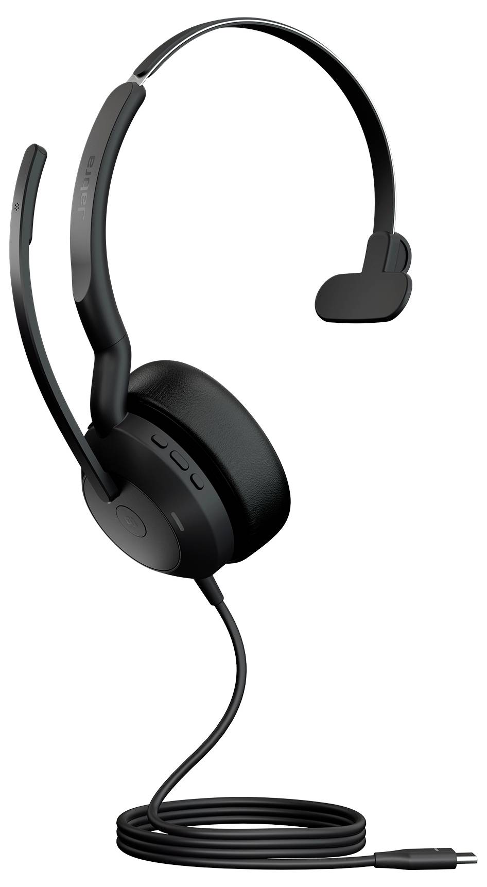 Ein schwarzes Headset mit Einzelohr, ausgestattet mit einem verstellbaren Mikrofon und einem USB-Anschluss, entwickelt für Kommunikation und Computernutzung.