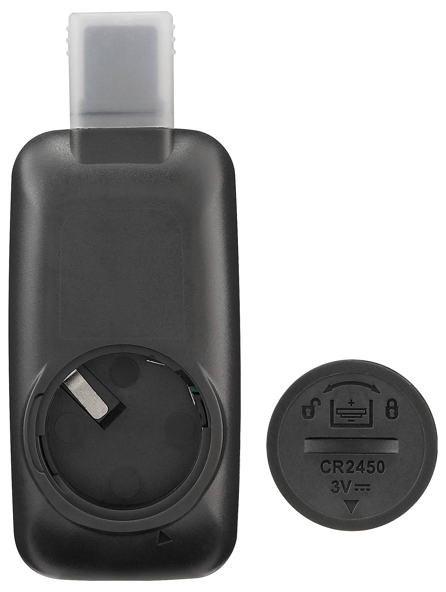 Ein rechteckiges schwarzes Gerät mit einem offenen Batteriefach neben einer runden Knopfzellenbatterie mit der Bezeichnung „CR2450 3V".