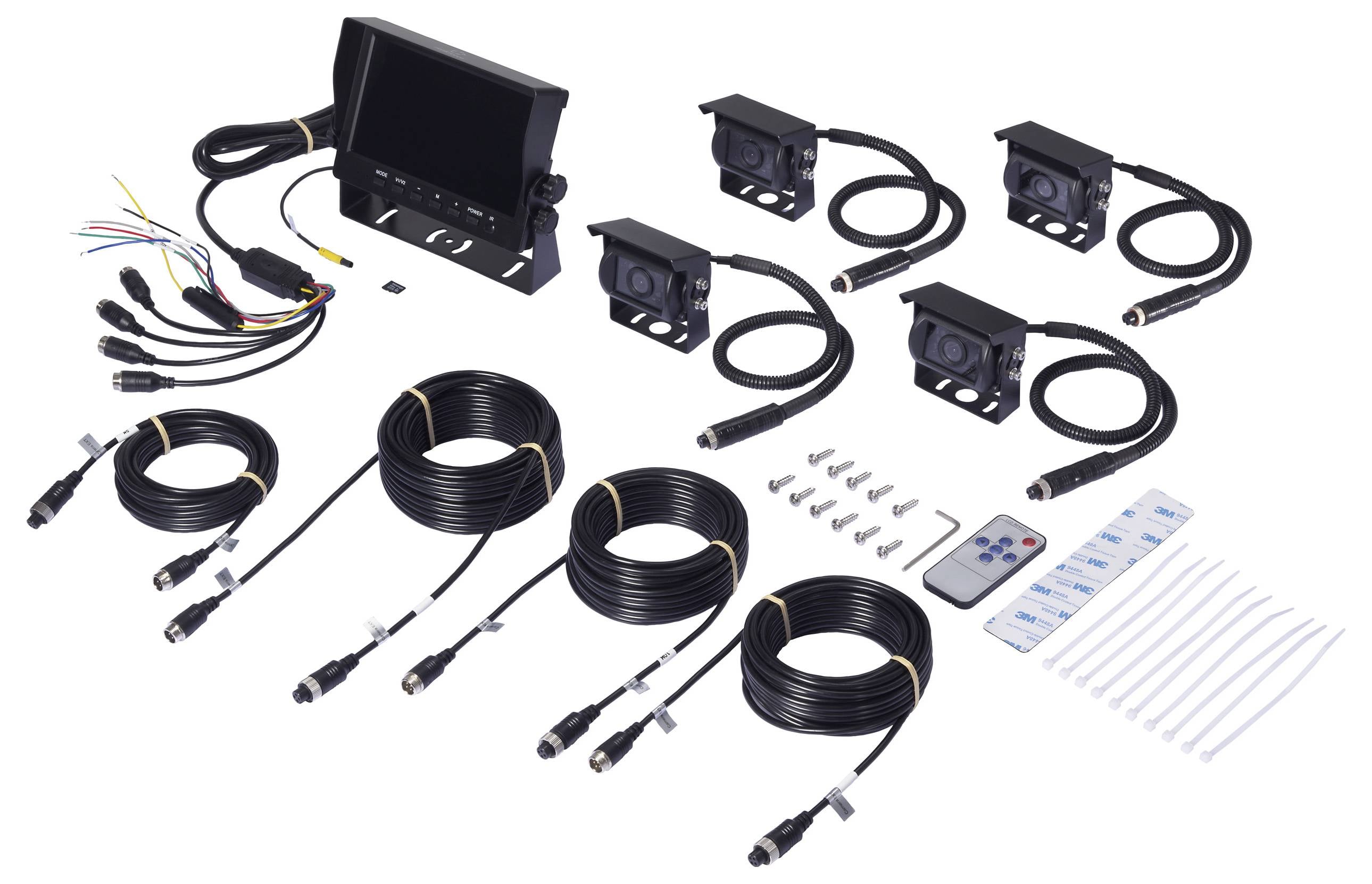 Ein Fahrzeugkamerasystem-Set umfasst vier Kameras, einen Monitor, Kabel, Anschlüsse, Schrauben, eine Fernbedienung und Klebestreifen.