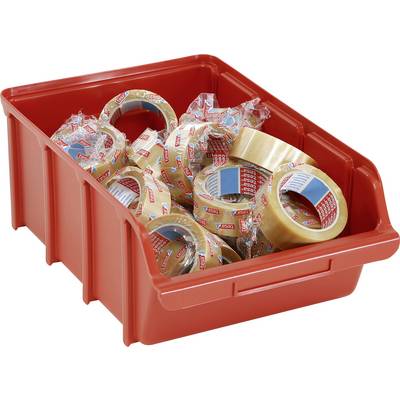 Ein roter Behälter, gefüllt mit mehreren Rollen transparentem Klebeband, wobei jede Rolle einzeln in Plastikverpackung eingewickelt ist.